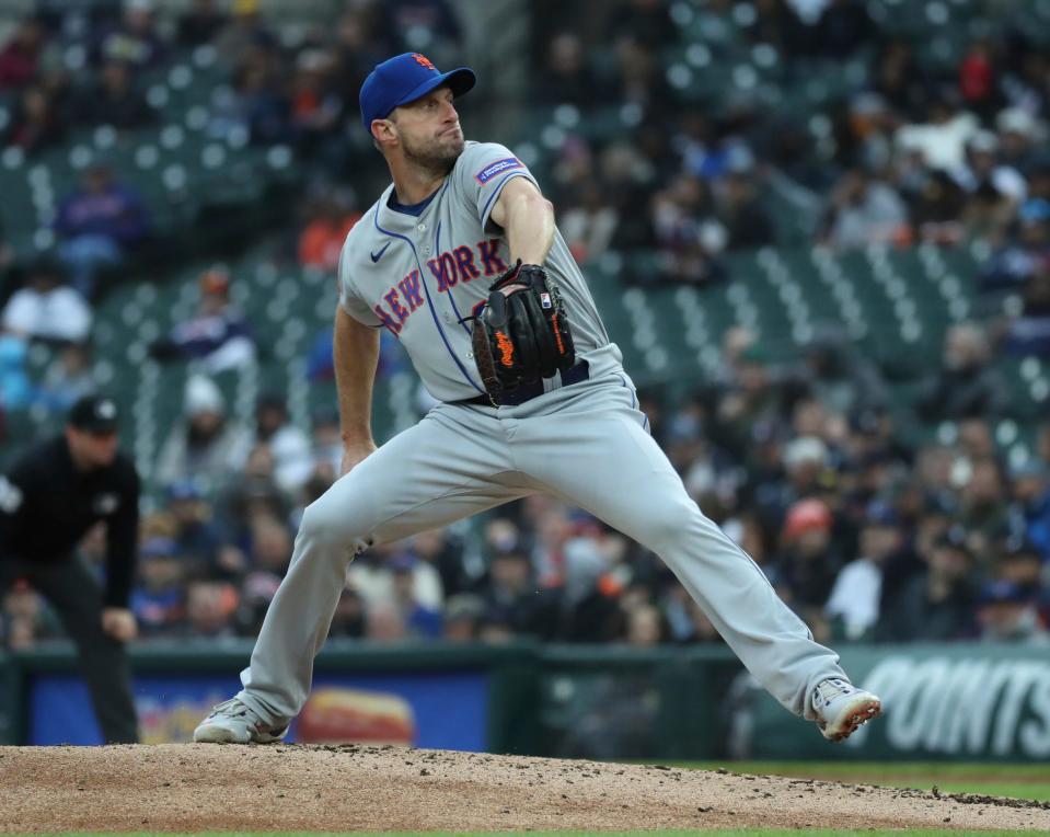 New York Mets  starter Max Scherzer (21) pitches against the Detroit Tigers during third-inning action in Game 2 of a doubleheader at Comerica Park in Detroit on Wednesday, May 3, 2023.