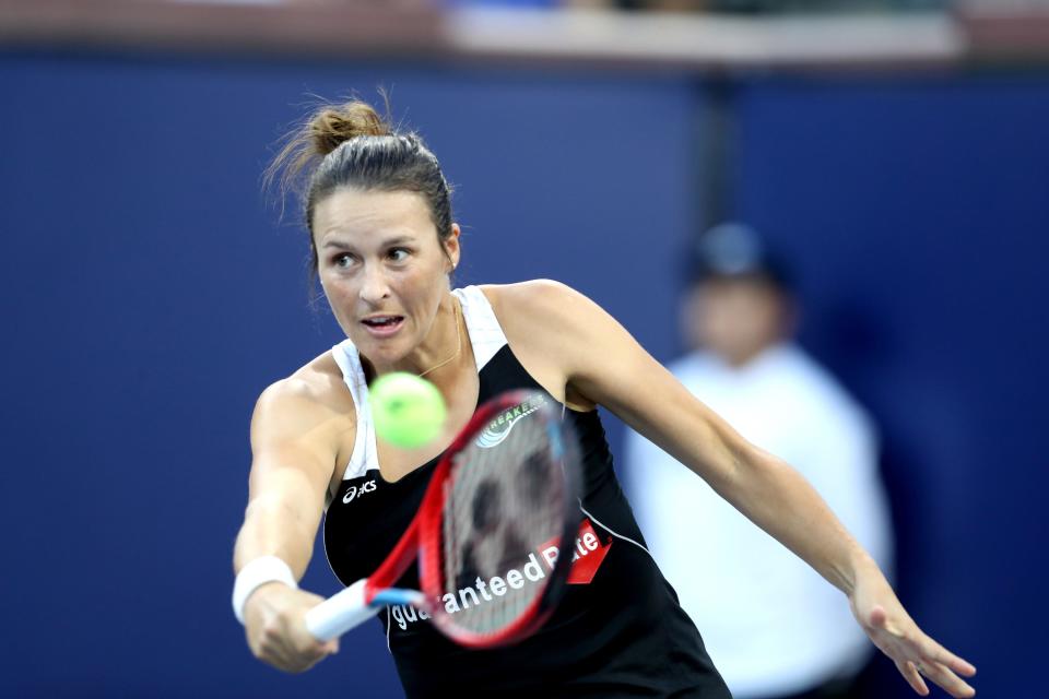 Tatjana Maria of the Orange County Breakers returns the ball during the World TeamTennis finals at the Indian Wells Tennis Garden in Indian Wells, Calif., on November 28, 2021.