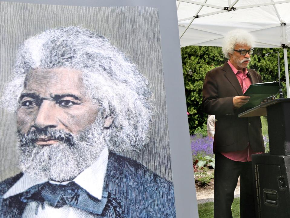 Actor and Portsmouth resident Kevin Wade Mitchell is the first person to do a reading from Fredercik Douglass' “What to the slave is your Fourth of July?” speech at Strawbery Banke Museum in Portsmouth on Friday, July 1, 2022.