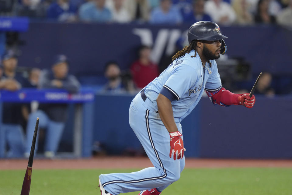 Toronto Blue Jays' Vladimir Guerrero Jr. breaks his bat on a groundout against the San Diego Padres during the sixth inning of a baseball game Tuesday, July 18, 2023, in Toronto. (Chris Young/The Canadian Press via AP)