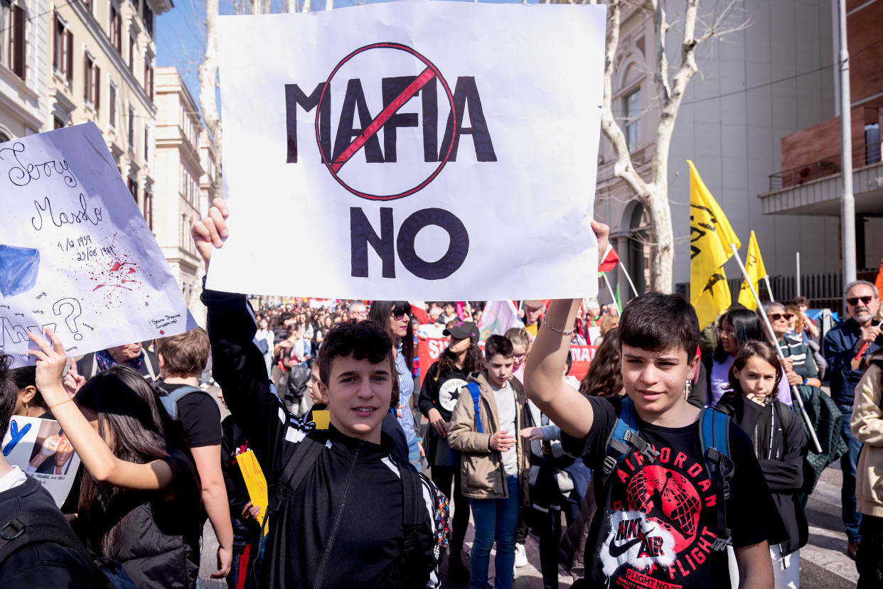 People take part in a demonstration on Italy's National Day of Remembrance and Commitment to Remembering the Victims of the Mafia, March 21, 2024 in Rome. / Credit: Stefano Montesi/Corbis via Getty