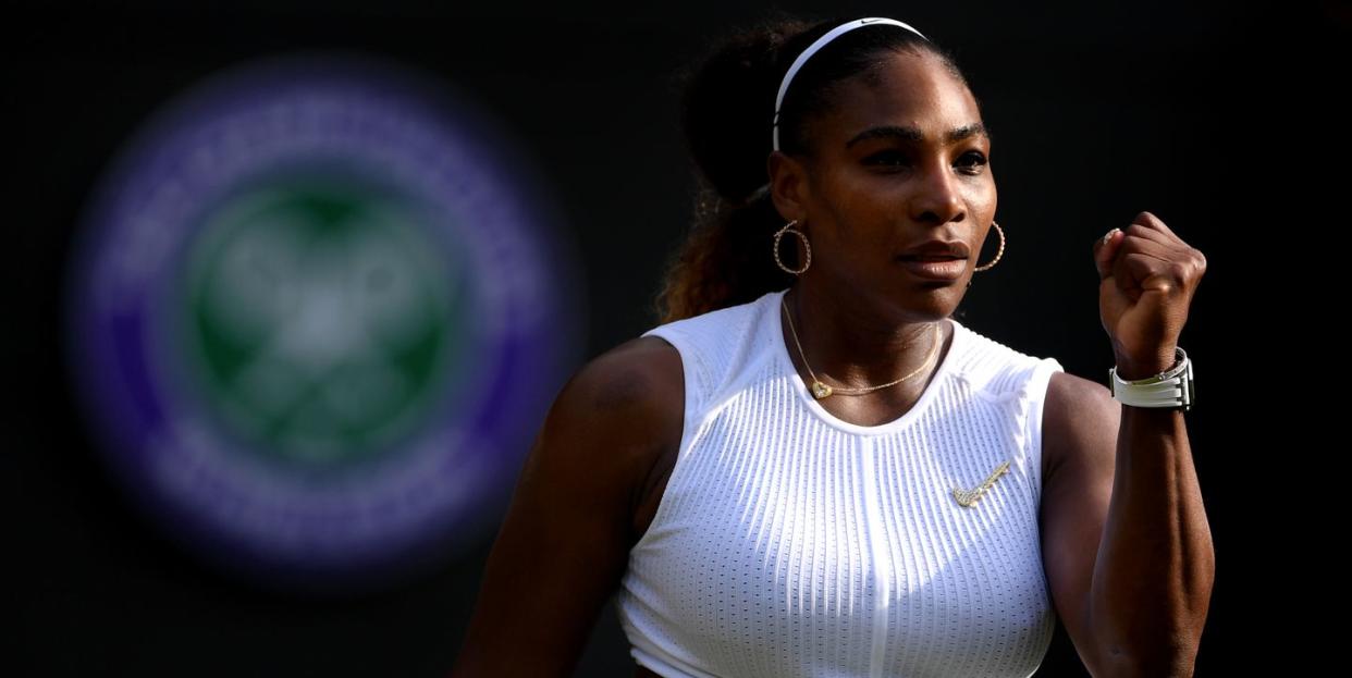 london, england   july 04 serena williams of the united states celebrates match point in her ladies singles second round match against kaja juvan of slovenia during day four of the championships   wimbledon 2019 at all england lawn tennis and croquet club on july 04, 2019 in london, england photo by laurence griffithsgetty images