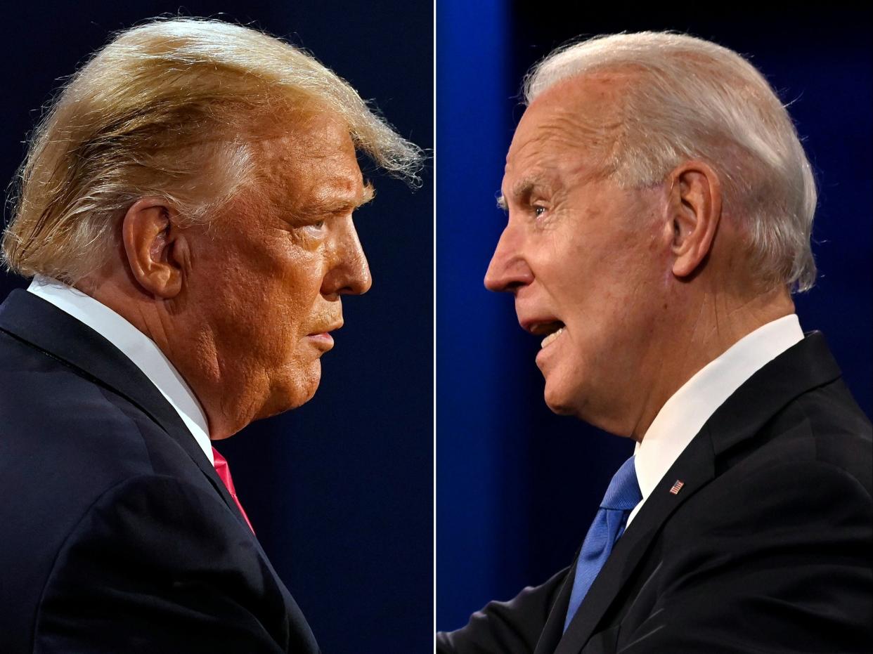 This combination of file pictures created on 22 October 2020 shows US President Donald Trump (L) and Democratic Presidential candidate and former US Vice President Joe Biden during the final presidential debate at Belmont University in Nashville, Tennessee ((AFP via Getty Images))