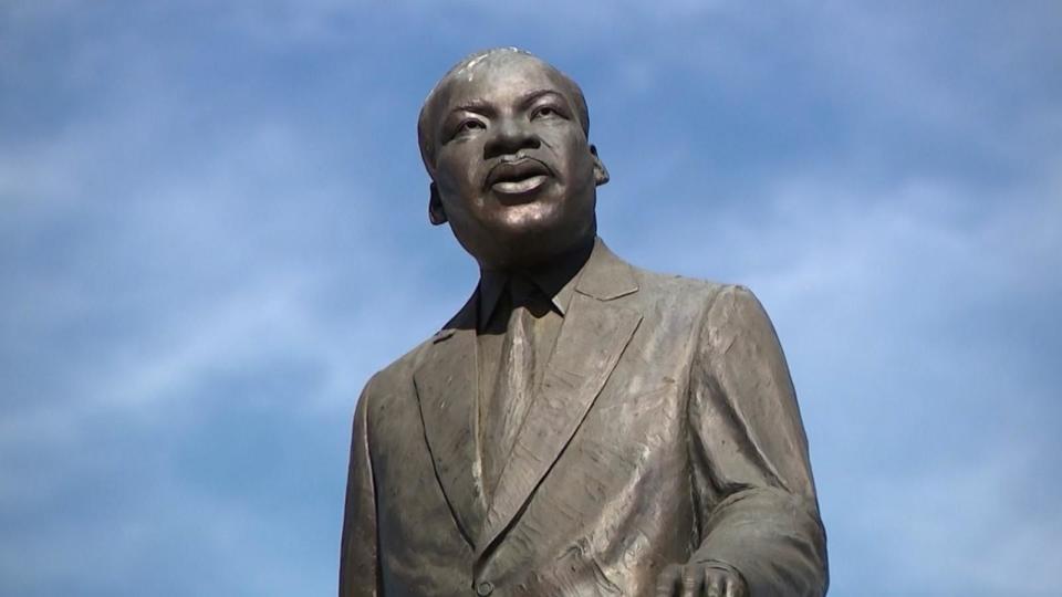 PHOTO: A monument honoring the Rev. Martin Luther King Jr. was damaged by vandals sometime between Tuesday night and Wednesday morning, Feb. 22, 2024, in Denver's City Park.  (KMGH)