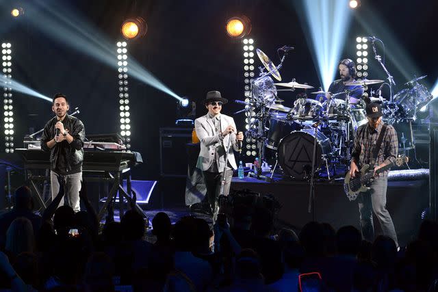 <p>Scott Dudelson/WireImage</p> Mike Shinoda, Chester Bennington, Rob Bourdon and Dave Farrell of Linkin Park perform onstage on May 22, 2017 in Burbank, California.