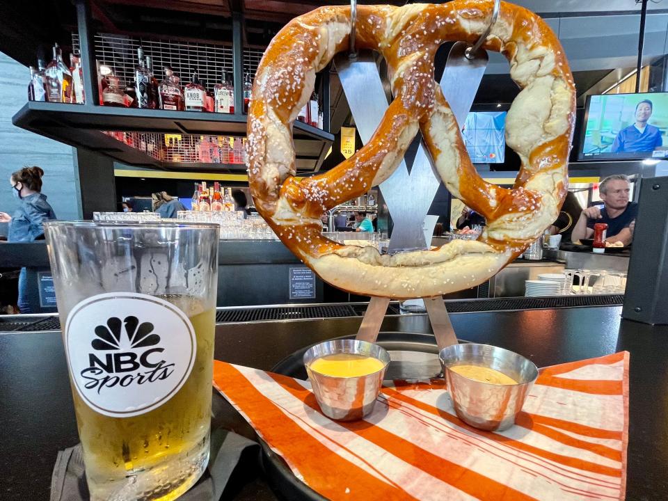 beer and pretzel from nbc sports bar at universal city walk