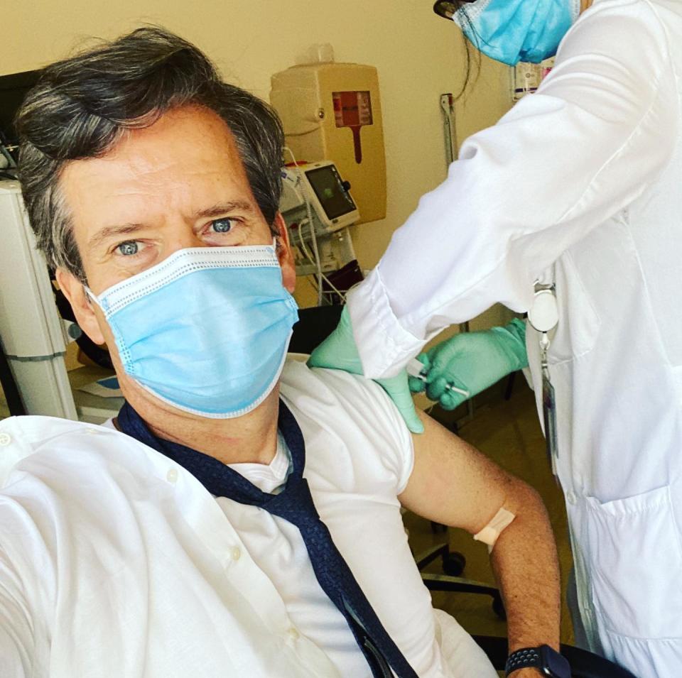 Brad Hoylman receiving a dose of the coronavirus vaccine in New York City in August 2020.