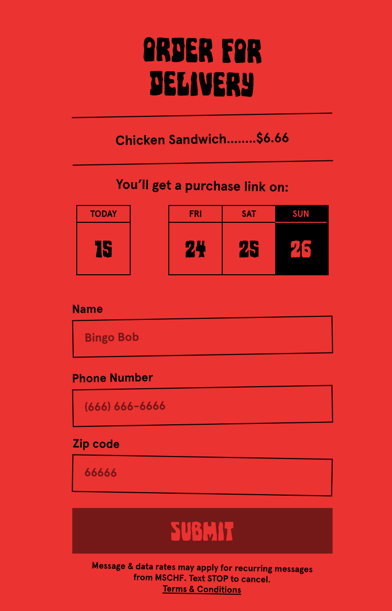 "Order for Delivery" form for $6.66 sandwich, with name, phone number, and zip code to be filled out