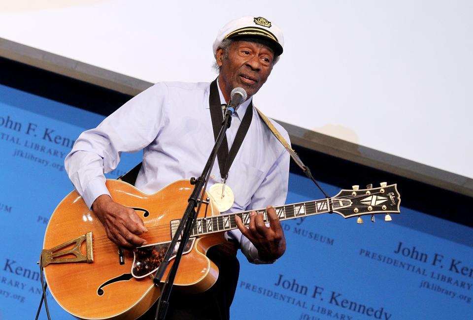 Chuck Berry performs during the 2012 Awards for Lyrics of Literary Excellence at The John F. Kennedy Presidential Library And Museum on February 26, 2012 in Boston.