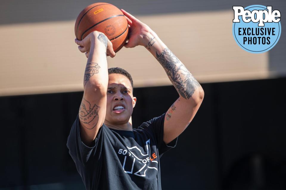 Exclusive to P{eople Magazine: Brittney Griner playing backetball for the ifrst time since her release. December 10, 2022. Fort Sam Houston. Credit: Miguel Negron/U.S. Army South