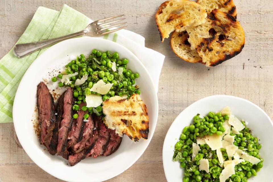 Grilled Cumin-Rubbed Hanger Steak With Smashed Minty Peas and Grilled Bread