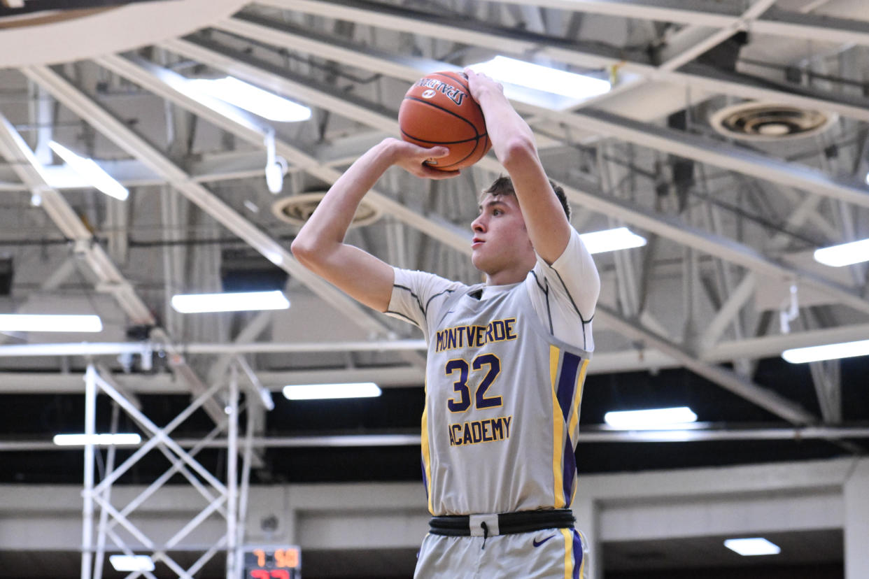 SPRINGFIELD, MA - JANUARY 14: Cooper Flagg of Montverde Academy (32) shoots the ball during the first half of the Spalding Hoophall Classic high school basketball game between Montverde Academy and Prolific Prep on January 14, 2024 at Blake Arena in Springfield, MA (Photo by John Jones/Icon Sportswire via Getty Images)
