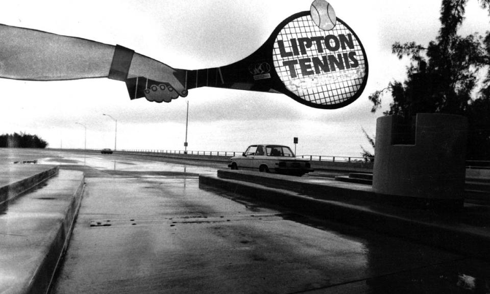 Lipton Tennis signs were put over barriers at the Rickenbacker Causeway tollbooths in 1987.