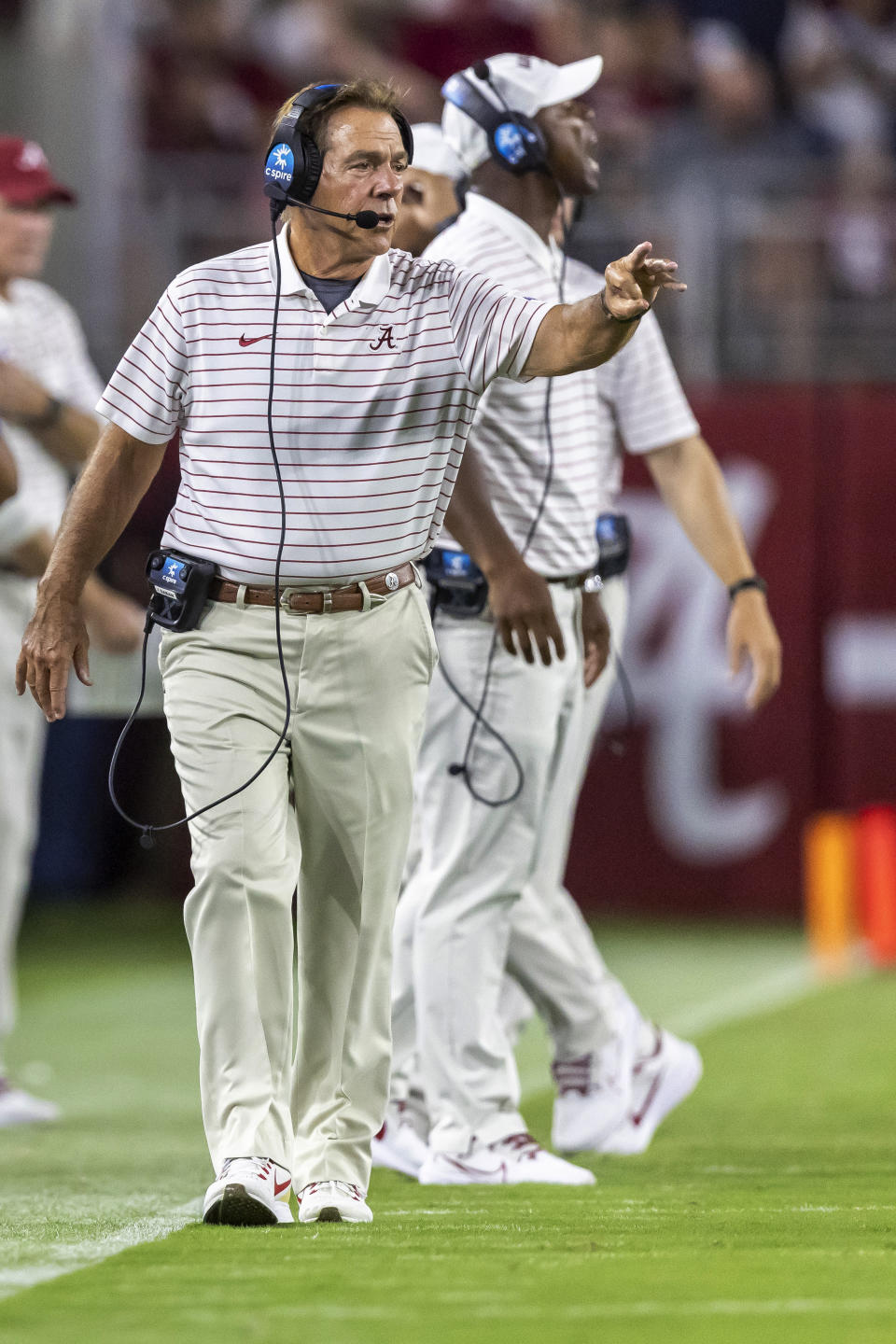 Alabama coach Nick Saban signals to the team during the first half an NCAA college football game against Middle Tennessee, Saturday, Sept. 2, 2023, in Tuscaloosa, Ala. (AP Photo/Vasha Hunt)