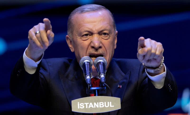 FILE PHOTO: Turkish President Tayyip Erdogan addresses his supporters in Istanbul