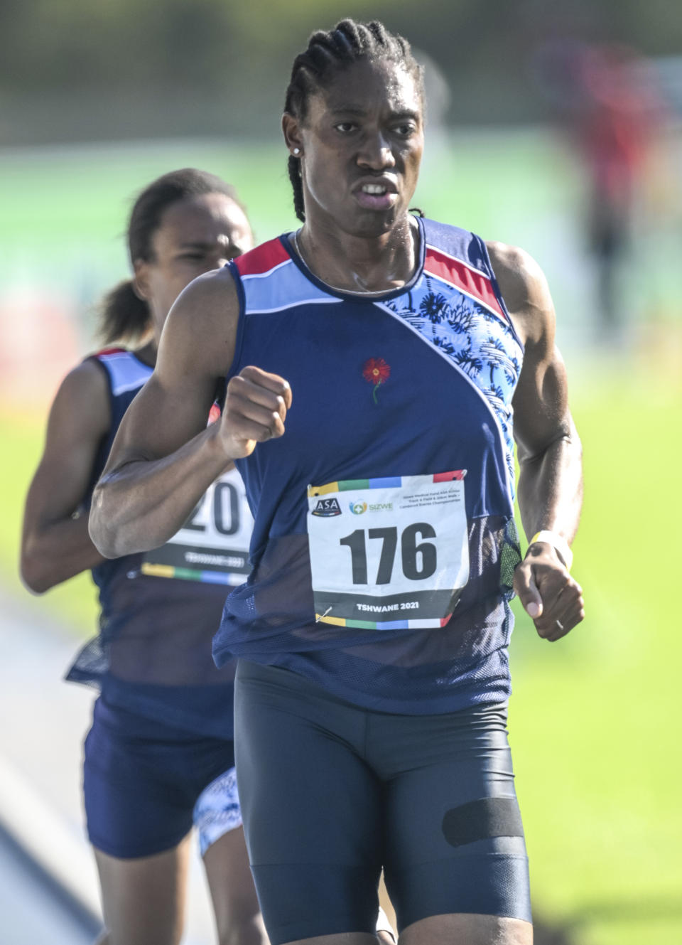 South African long distance athlete Caster Semenya on her way to winning the 5,000 meters at the South African national championships in Pretoria, South Africa, Thursday, April 15, 2021. Semenya said she's likely to focus on long-distance events for the rest of her career. (AP Photo/Christiaan Kotze)