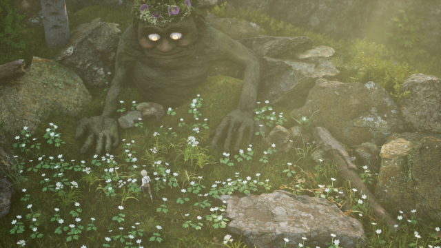 A friendly-looking troll looks down on the boy frolicking in the tall, tall grass