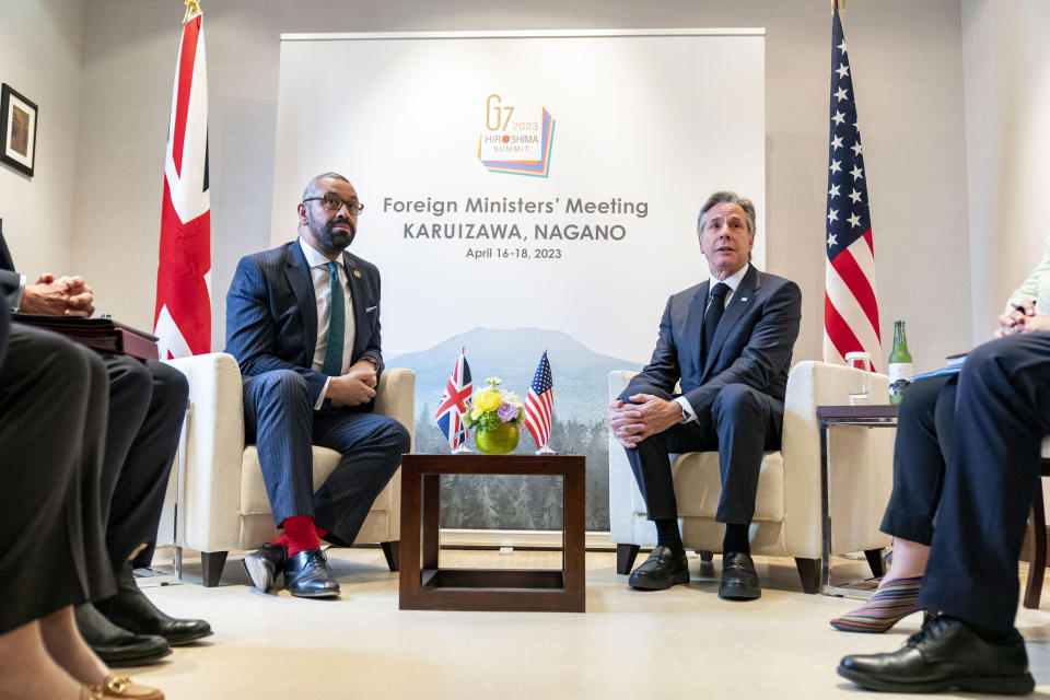 British Foreign Secretary James Cleverly, left, and U.S. Secretary of State Antony Blinken meet during a G7 Foreign Ministers' Meeting at The Prince Karuizawa hotel in Karuizawa, Japan, Tuesday, April 18, 2023. (AP Photo/Andrew Harnik, Pool)