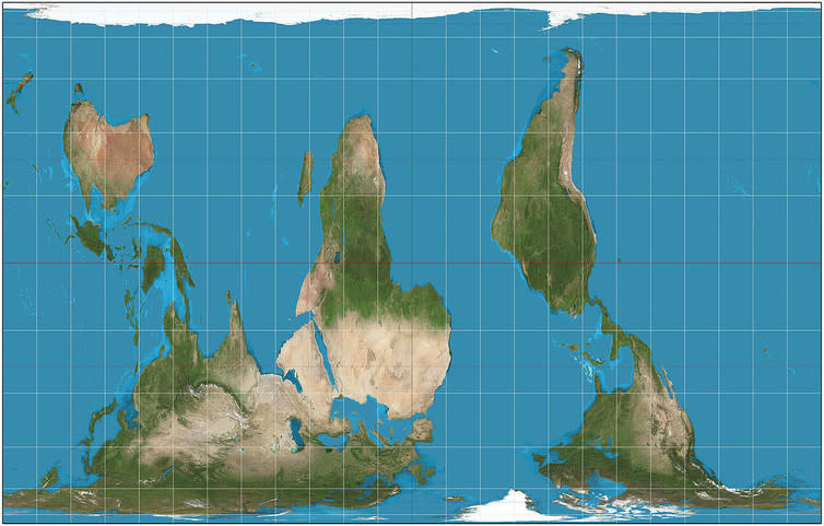 <span class="caption">South-up Peters projection.</span> <span class="attribution"><span class="source">Daniel R. Strebe</span>, <a class="link " href="http://creativecommons.org/licenses/by-sa/4.0/" rel="nofollow noopener" target="_blank" data-ylk="slk:CC BY-SA;elm:context_link;itc:0;sec:content-canvas">CC BY-SA</a></span>