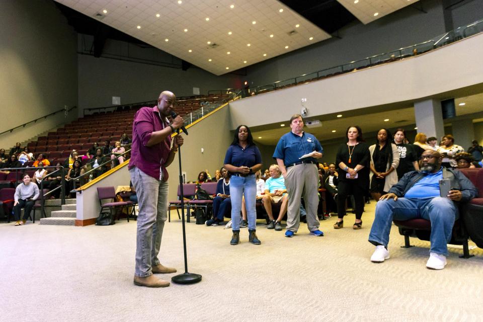 South Dade resident Vern Alexander, 53, speaks during an education town hall regarding the state's newly adopted curriculum standards on African-American history at Antioch Missionary Baptist Church, Thursday, Aug. 10, 2023 in Miami Gardens, Fla. (D.A. Varela/Miami Herald via AP)