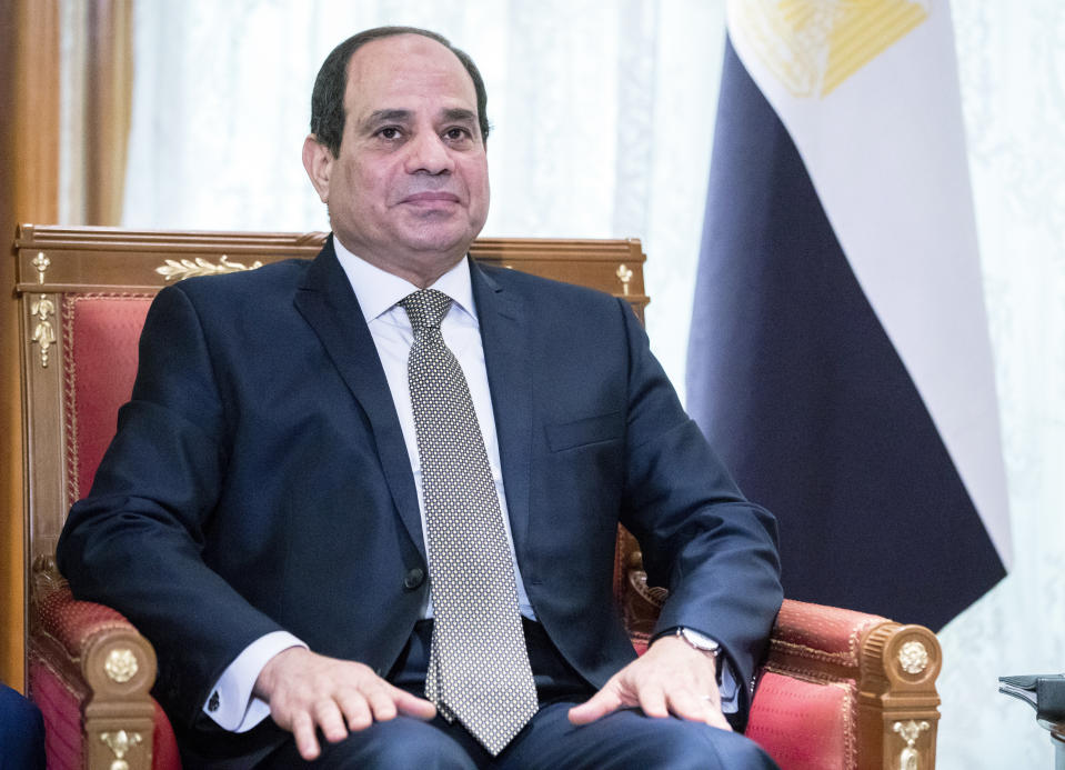 Egyptian President Abdel-Fattah el-Sisi sits during his meeting with Russian President Vladimir Putin in Sochi, Russia, Wednesday, Oct. 17, 2018. (AP Photo/Pavel Golovkin, Pool)