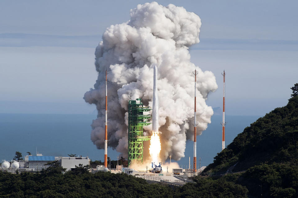 FILE - In this photo provided by the Korea Aerospace Research Institute, the Nuri rocket, the first domestically produced space rocket, lifts off from a launch pad at the Naro Space Center in Goheung, South Korea, on June 21, 2022. South Korea plans to conduct its first launch of a commercial-grade satellite aboard a domestically built rocket next month as part of its space development program, officials said Tuesday, April 11, 2023. (Korea Aerospace Research Institute via AP, File)