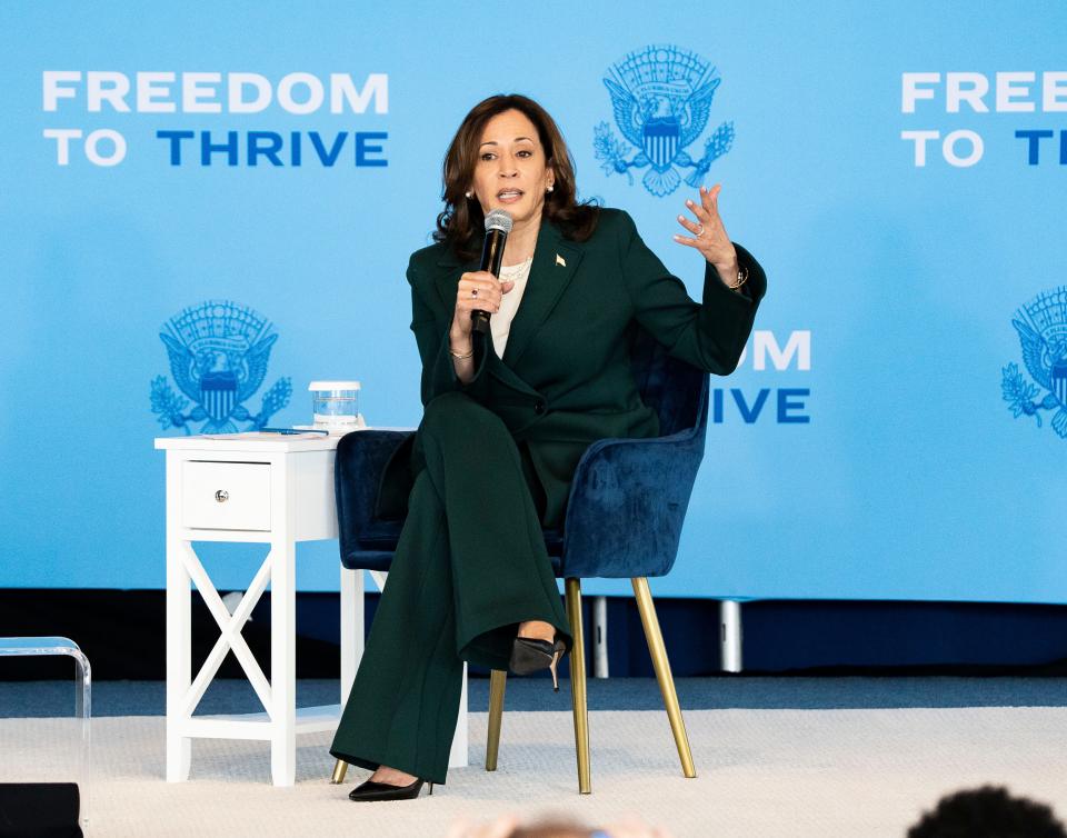 Vice President Kamala Harris speaks with D.L. Hughley highlighting how the Biden-Harris Administration has taken historic steps to advance economic opportunity by improving access to housing, creating jobs and investing in small businesses as part of her nationwide Economic Opportunity Tour on Thursday May 16, 2024 at Discovery World in Milwaukee, Wis.