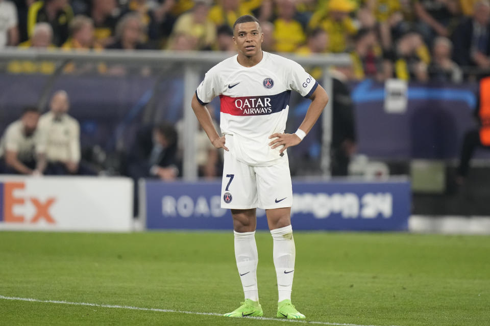 PSG's Kylian Mbappe reacts during the Champions League semifinal first leg soccer match between Borussia Dortmund and Paris Saint-Germain at the Signal-Iduna Park stadium in Dortmund, Germany, Wednesday, May 1, 2024. (AP Photo/Matthias Schrader)