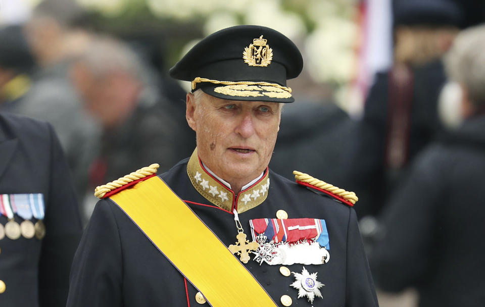 FILE - King Harald V of Norway and his wife Sonja leave the Notre Dame cathedral after attending at the funeral of the Grand Duke Jean of Luxembourg, in Luxembourg, on May 4, 2019. Norway’s 86-year-old King Harald V, who has been hospitalized several times in recent months, has not indicated he’s considering abdicating in favor of his son, Crown Prince Haakon. (AP Photo/Francisco Seco, File)