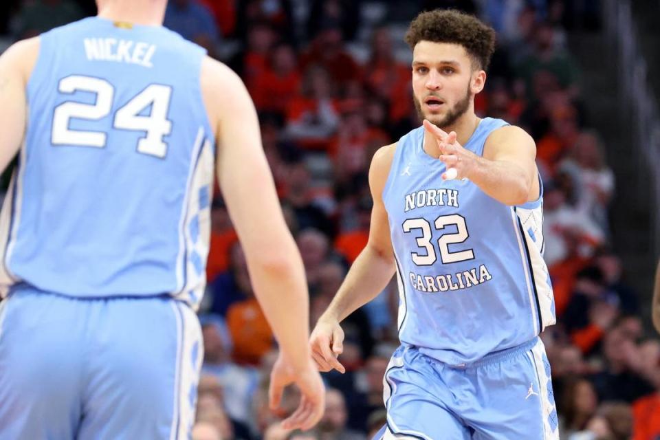 North Carolina’s Pete Nance (32) celebrates during second-half action against Syracuse at JMA Wireless Dome on Tuesday, Jan. 24, 2023, in Syracuse, New York. (Bryan M. Bennett/Getty Images/TNS)