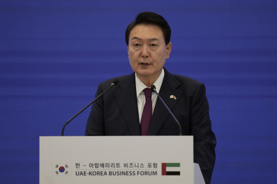 South Korean President Yoon Suk Yeol talks during the UAE-Korea Business Forum in Abu Dhabi, United Arab Emirates, Monday, Jan. 16, 2023. (AP Photo/Kamran Jebreili)