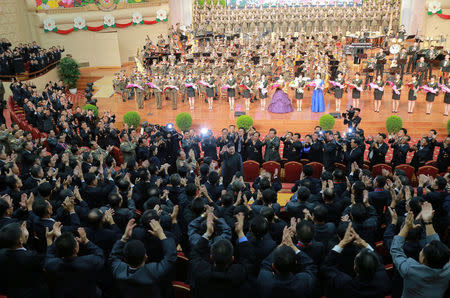 North Korean leader Kim Jong Un reacts during a celebration for nuclear scientists and engineers who contributed to a hydrogen bomb test, September 2017. KCNA via REUTERS