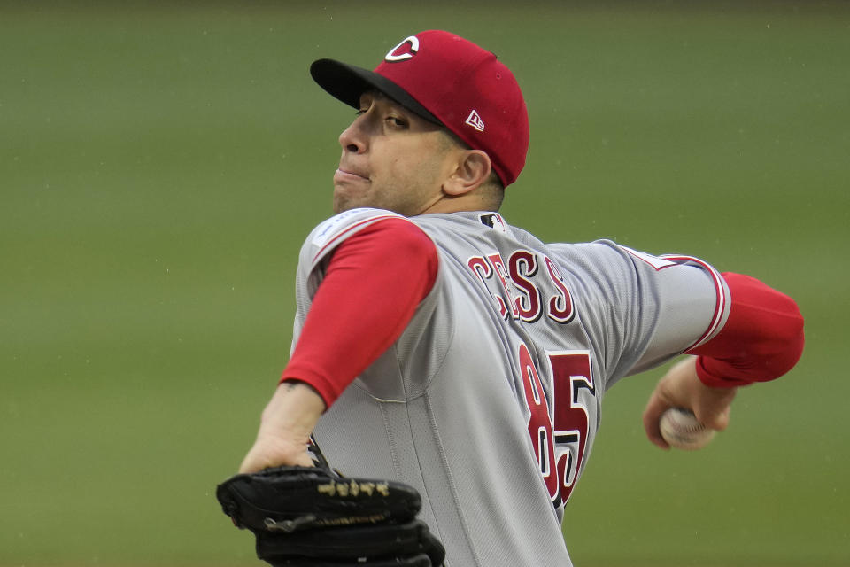 Cincinnati Reds starting pitcher Luis Cessa delivers during the first inning of a baseball game against the Pittsburgh Pirates in Pittsburgh, Saturday, April 22, 2023. (AP Photo/Gene J. Puskar)