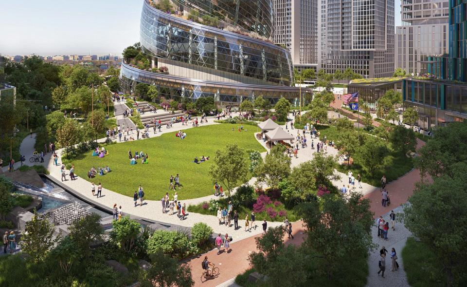 Arlington residents and Amazon employees enjoy the outdoors inside the company's sprawling HQ2 campus.