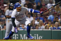 Toronto Blue Jays' George Springer watches his RBI-single, which broke a tie, in the top of the 10th inning of a baseball game against the Boston Red Sox, Thursday, Aug. 25, 2022, in Boston. (AP Photo/Charles Krupa)