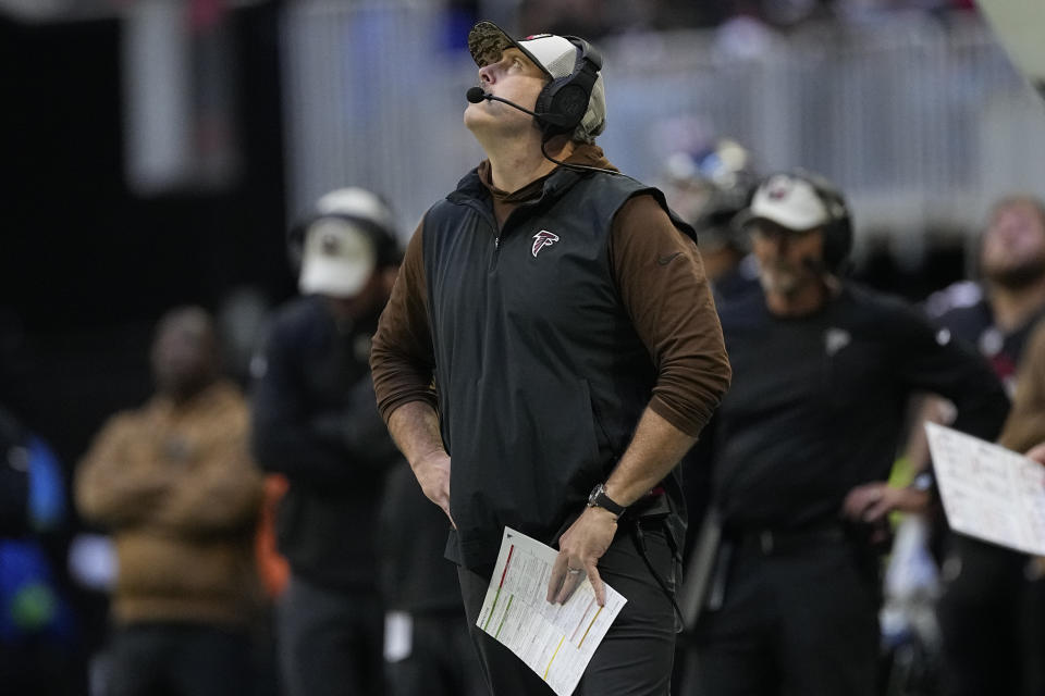 Atlanta Falcons head coach Arthur Smith looks up at the scoreboard during the second half of an NFL football game against the Minnesota Vikings, Sunday, Nov. 5, 2023, in Atlanta. (AP Photo/John Bazemore)