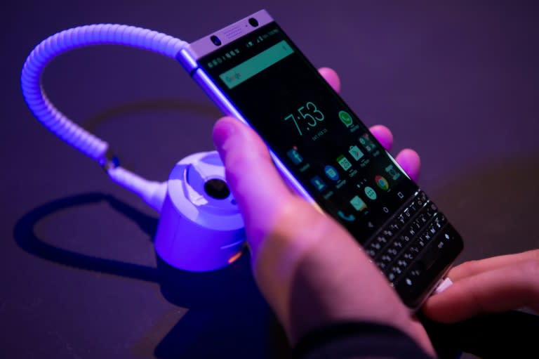 The new BlackBerry Key One is displayed at the Mobile World Congress centre in Barcelona on February 25, 2017