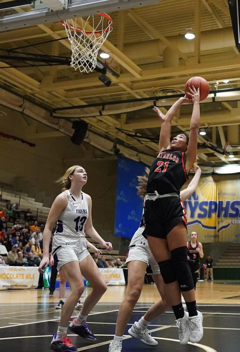 Waterloo's Davonti'a Loucks (21) goes up for a shot in the girls Class B state semifinal game against Cortland at Hudson Valley Community College in Troy, on Friday, March 17, 2023.