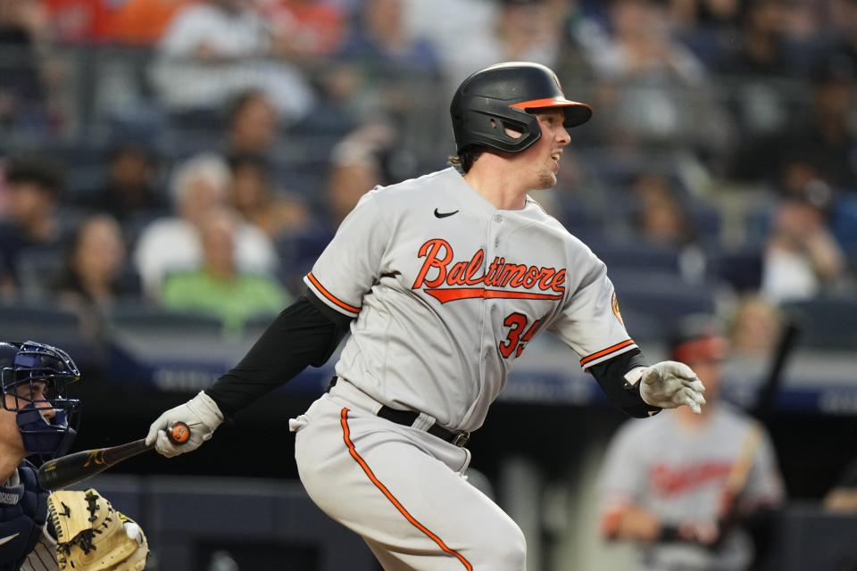 Baltimore Orioles' Adley Rutschman hits a single during the fifth inning of a baseball game against the New York Yankees, Monday, July 3, 2023, in New York. (AP Photo/Frank Franklin II)