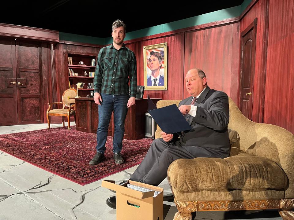 Steve Prouty, left, and Bill Downey rehearse a scene for Twin City Players' production of Paul Slade Smith's "The Outsider" that opens March 3 and continues through March 19, 2023, at the theater in St. Joseph.