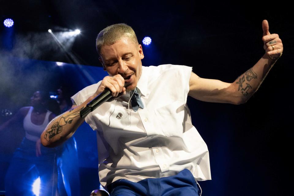 April 18, 2023: US rapper and singer Benjamin Hammond Haggerty aka Macklemore performs on stage at the Zenith de la Villette in Paris.