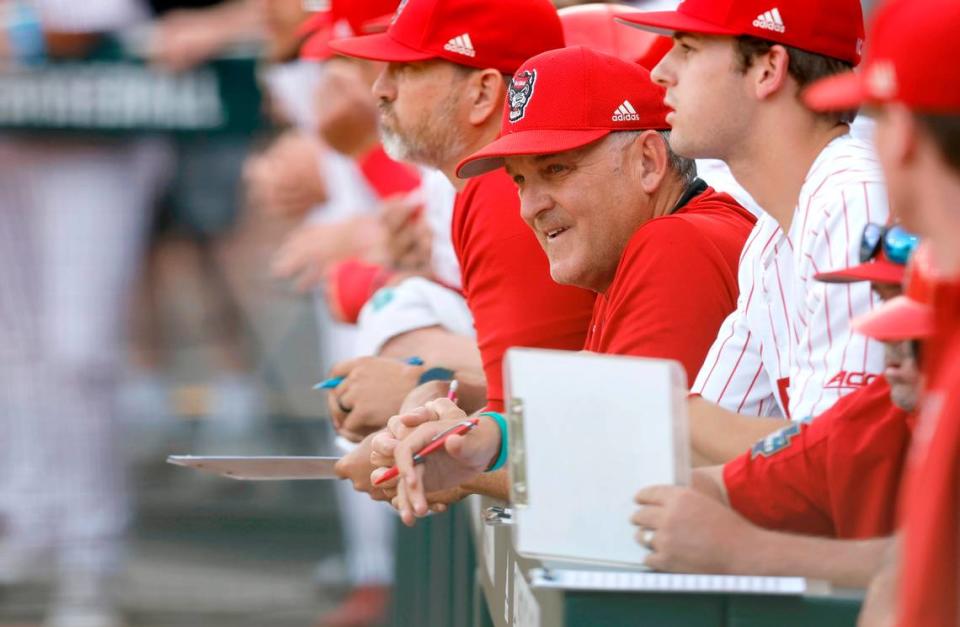 N.C. State head coach Elliott Avent watches during N.C. State’s game against UNC at Doak Field in Raleigh, N.C., Friday, May 6, 2022.