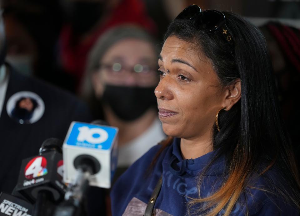 Tue., Dec. 2, 2021; Columbus, Ohio, USA; Tamala Payne, mother of Casey Goodson Jr., speaks during a press conference at the Huntington Empowerment Center. Walton spoke following the indictment of former Franklin County Sheriff's Deputy Jason Meade on murder charges stemming from the 2020 police shooting death of Goodson.