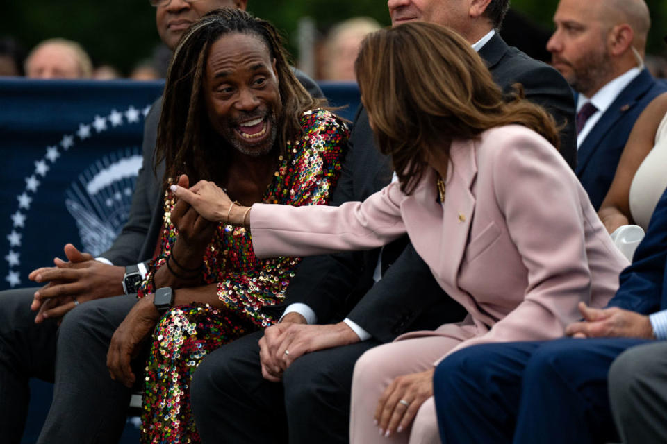 Billy Porter wears gold rainbow lgbtq flag caftan dress, Billy Porter greets Vice President Kamala Harris during a Juneteenth concert at the White House on June 10 in Washington, sequin caftan, rainbow, Kaftko