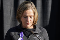 Jill McCluskey, the mother of slain University of Utah student-athlete Lauren McCluskey speaks during a press conference announcing they have reached a settlement in their lawsuit against the University of Utah Thursday, Oct. 22, 2020, in Salt Lake City. (AP Photo/Rick Bowmer)