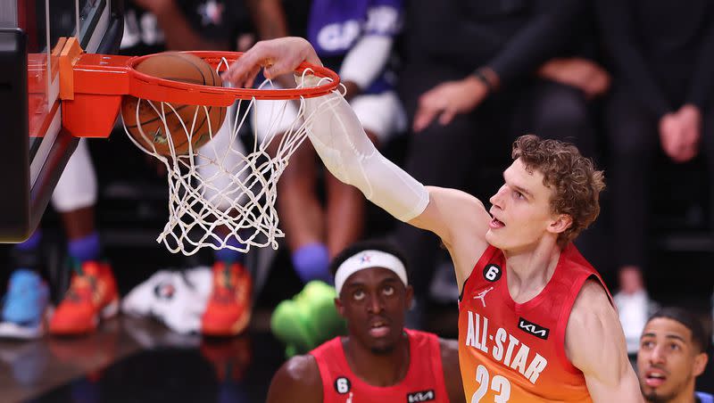 Lauri Markkanen of the Utah Jazz dunks the ball in the NBA All-Star Game in Salt Lake City at Vivint Arena on Sunday, Feb. 19, 2023.