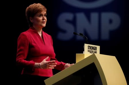 Scotland's First Minister Nicola Sturgeon makes her speech at the SNP autumn conference in Aberdeen, Scotland