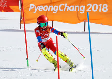 FILE PHOTO: Alpine Skiing - Pyeongchang 2018 Winter Olympics - Women's Slalom - Yongpyong Alpine Centre - Pyeongchang, South Korea - February 16, 2018 - Kim Ryon Hyang of North Korea competes. REUTERS/Mike Segar/File Photo