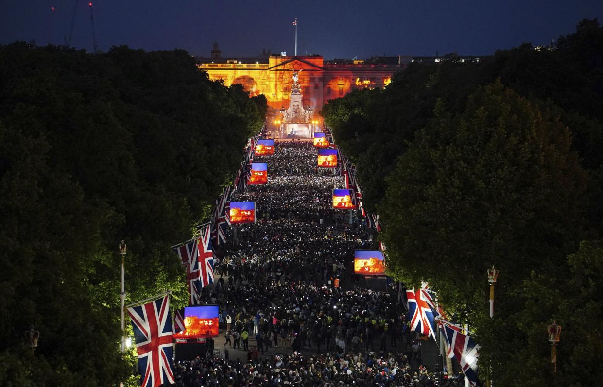 A general view of the Platinum Jubilee concert in front of Buckingham Palace in London on Saturday, June 4, 2022, on the third of four days of celebrations to mark the Platinum Jubilee.