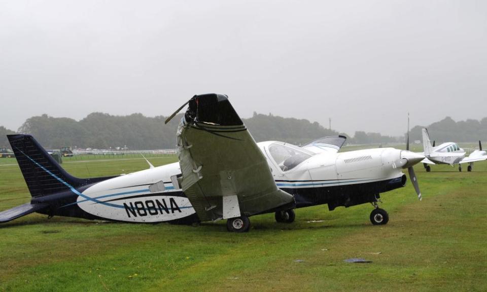 The damaged wing on the light aircraft that carried Richard Hannon